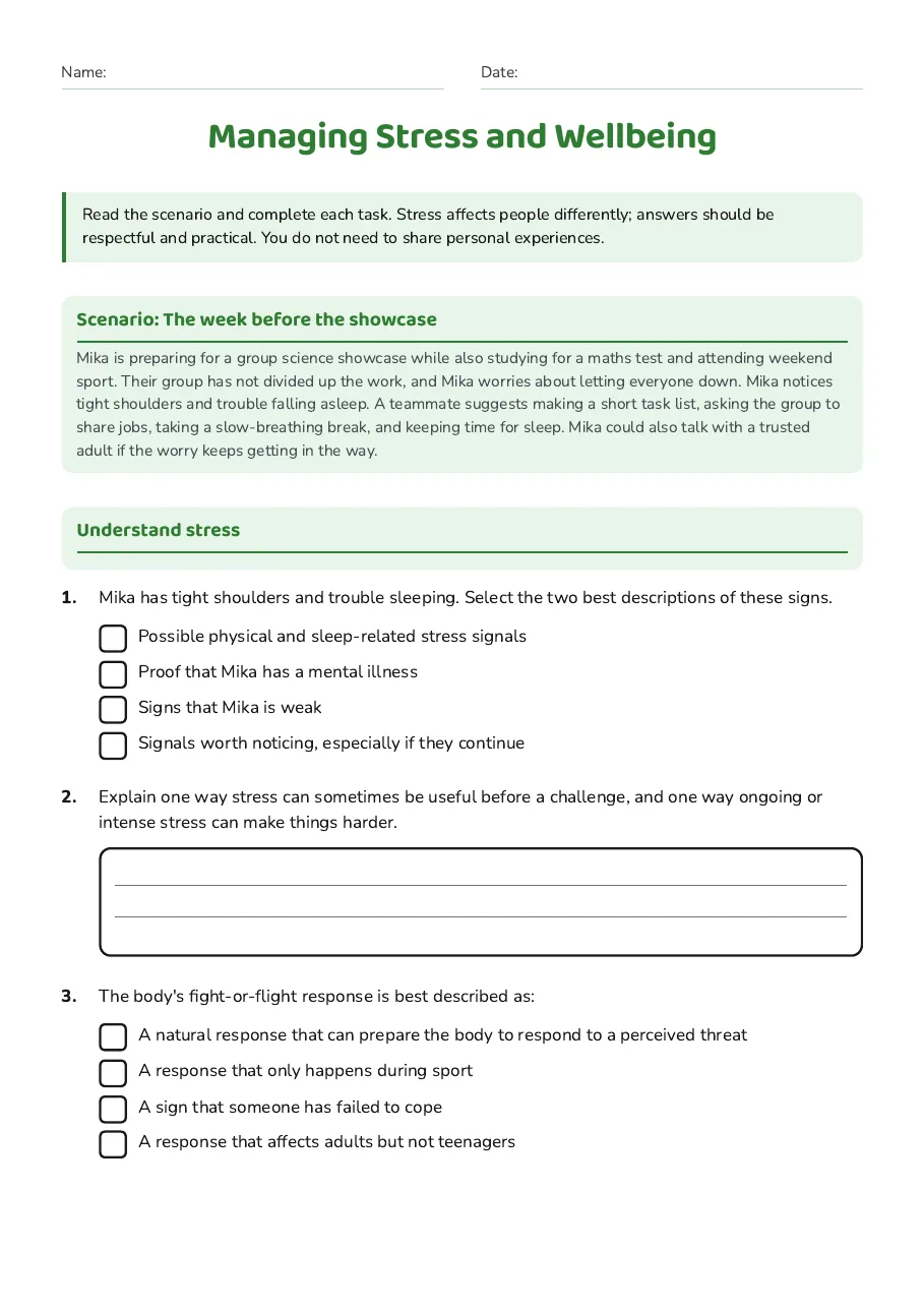 Managing Stress and Wellbeing, page 1 of 3: Scenario: The week before the showcase, Understand stress