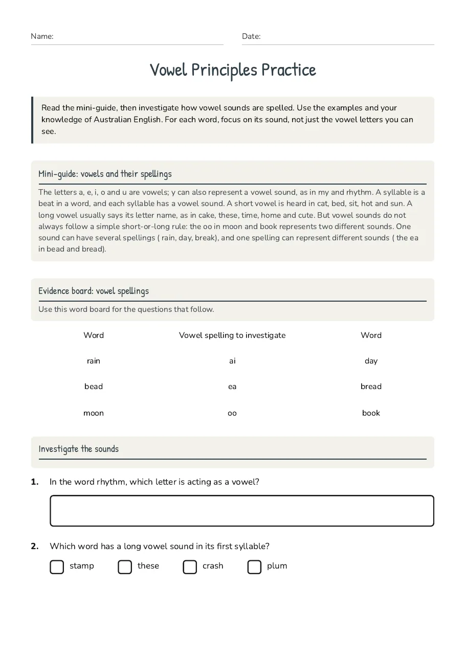 Vowel Principles Practice, page 1 of 3: Mini-guide: vowels and their spellings, Evidence board: vowel spellings, Investigate the sounds