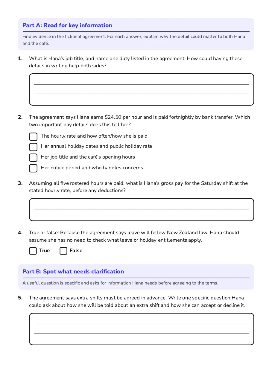 Employment Agreement Checklist, page 2 of 3: Part A: Read for key information, Part B: Spot what needs clarification