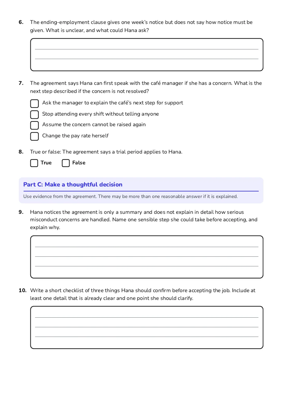 Employment Agreement Checklist, page 3 of 3: Part C: Make a thoughtful decision