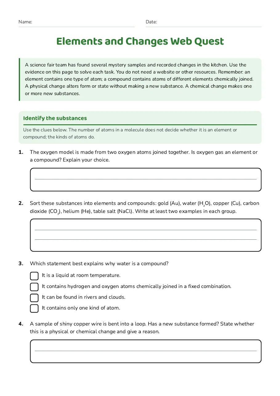 Elements and Changes Web Quest, page 1 of 3: Identify the substances