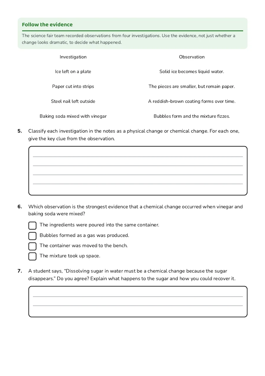 Elements and Changes Web Quest, page 2 of 3: Follow the evidence