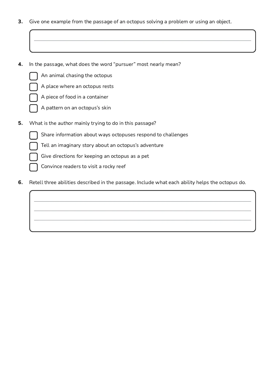 Reading-comprehension questions and a written retelling about octopus adaptations.