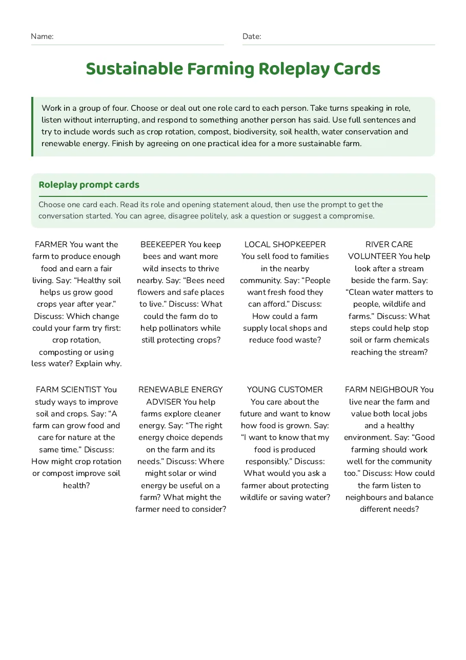 Sustainable Farming Roleplay Cards, page 1 of 3: Roleplay prompt cards