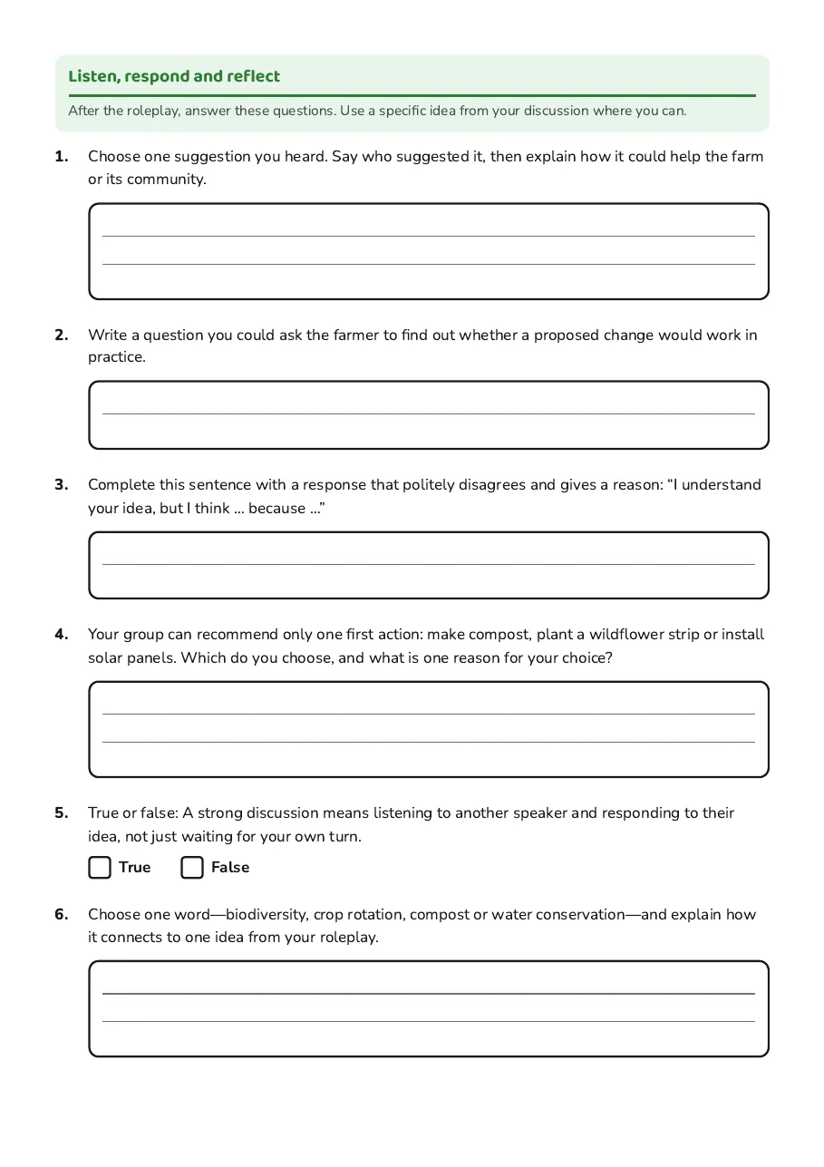 Sustainable Farming Roleplay Cards, page 2 of 3: Listen, respond and reflect