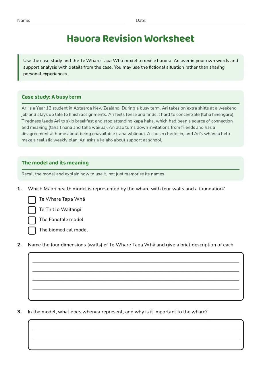 Hauora Revision Worksheet, page 1 of 3: Case study: A busy term, The model and its meaning