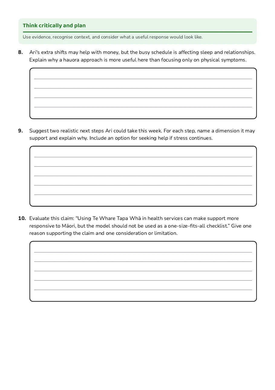 Hauora Revision Worksheet, page 3 of 3: Think critically and plan
