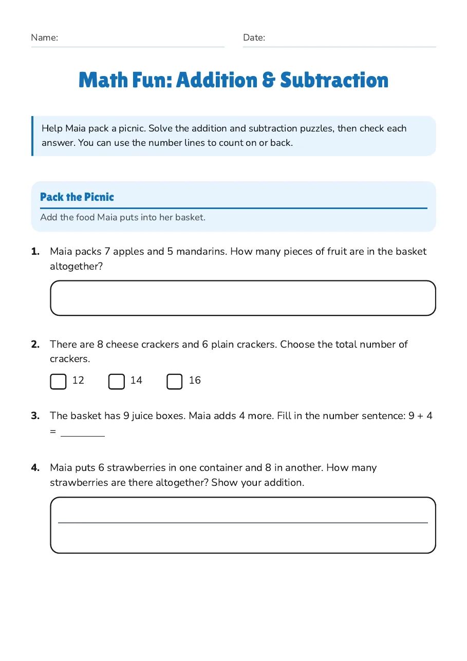 Math Fun: Addition & Subtraction, page 1 of 3: Pack the Picnic