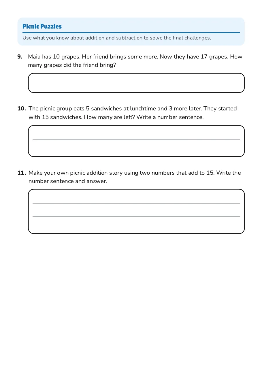 Math Fun: Addition & Subtraction, page 3 of 3: Picnic Puzzles