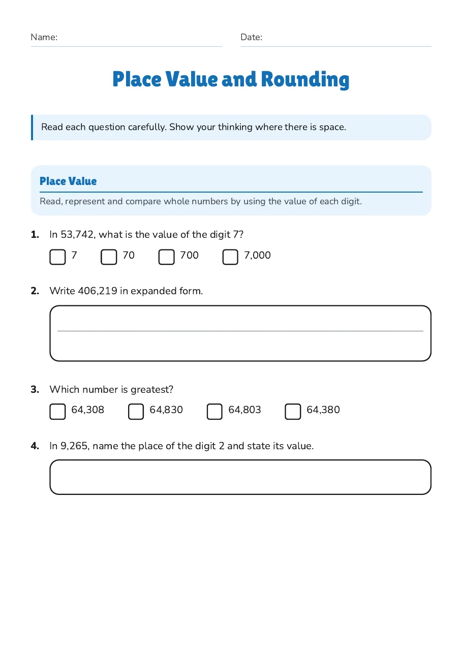 Place Value and Rounding, page 1 of 3: Place Value