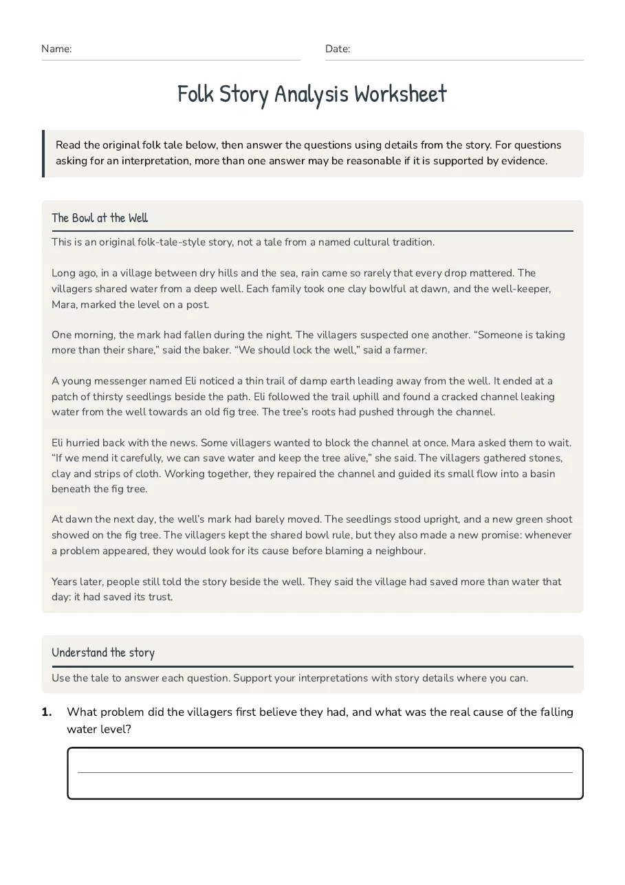 Folk Story Analysis Worksheet, page 1 of 3: The Bowl at the Well, Understand the story