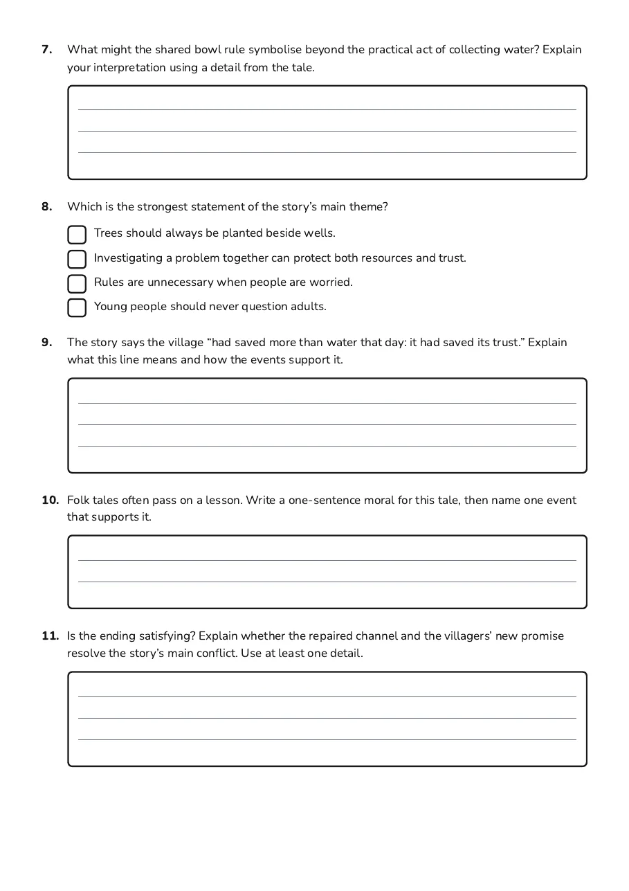 Folk Story Analysis Worksheet, page 3 of 3: 7. What might the shared bowl rule symbolise beyond the practical act of collecting…