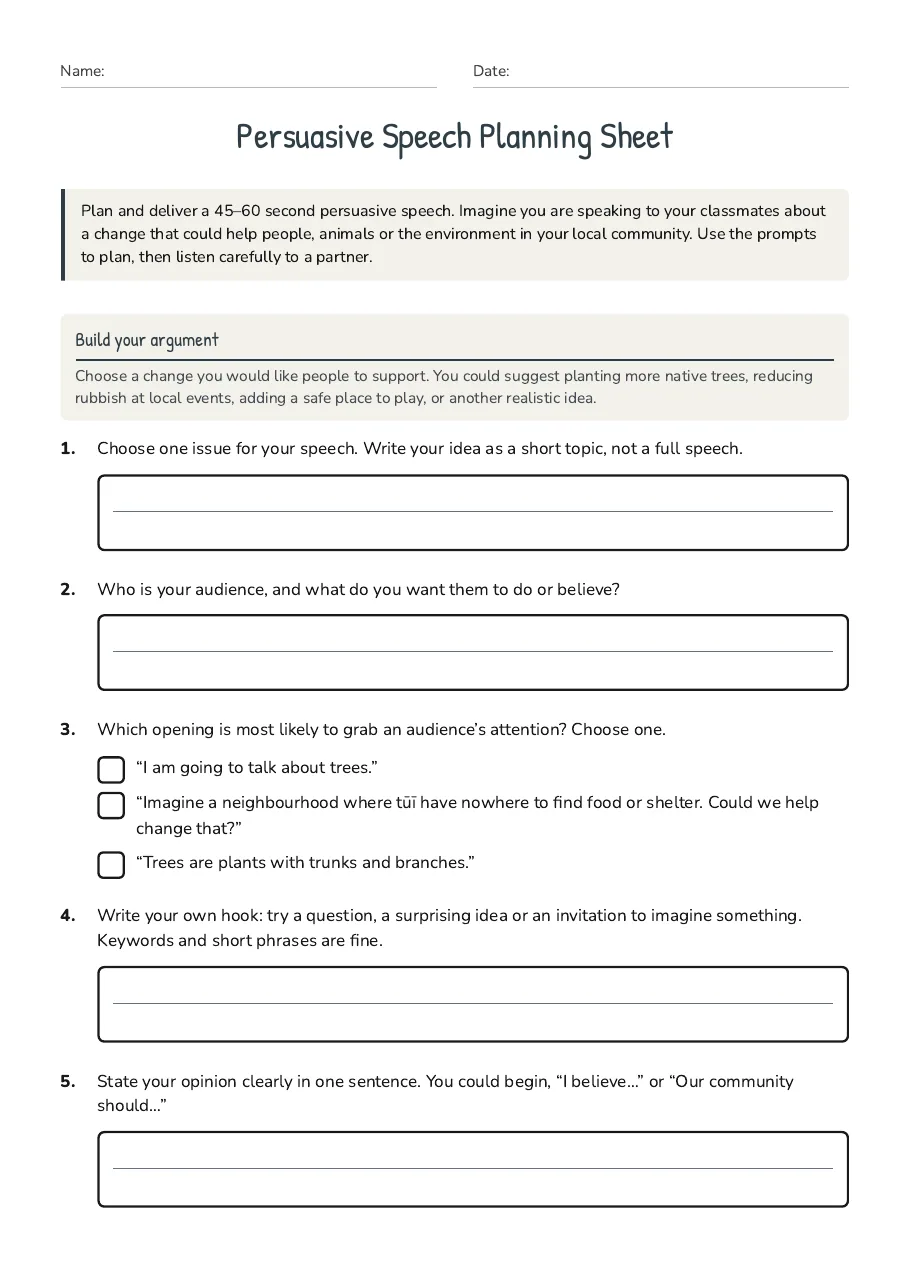 Persuasive Speech Planning Sheet, page 1 of 3: Build your argument