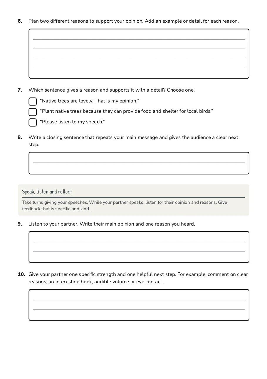 Persuasive Speech Planning Sheet, page 2 of 3: Speak, listen and reflect