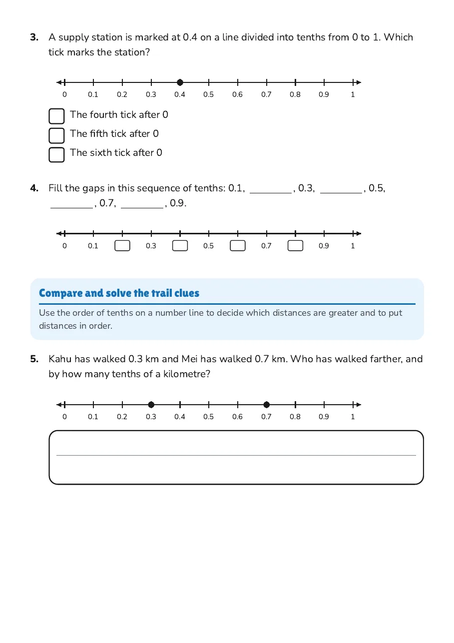 Tenths on a Number Line, page 2 of 4: Compare and solve the trail clues