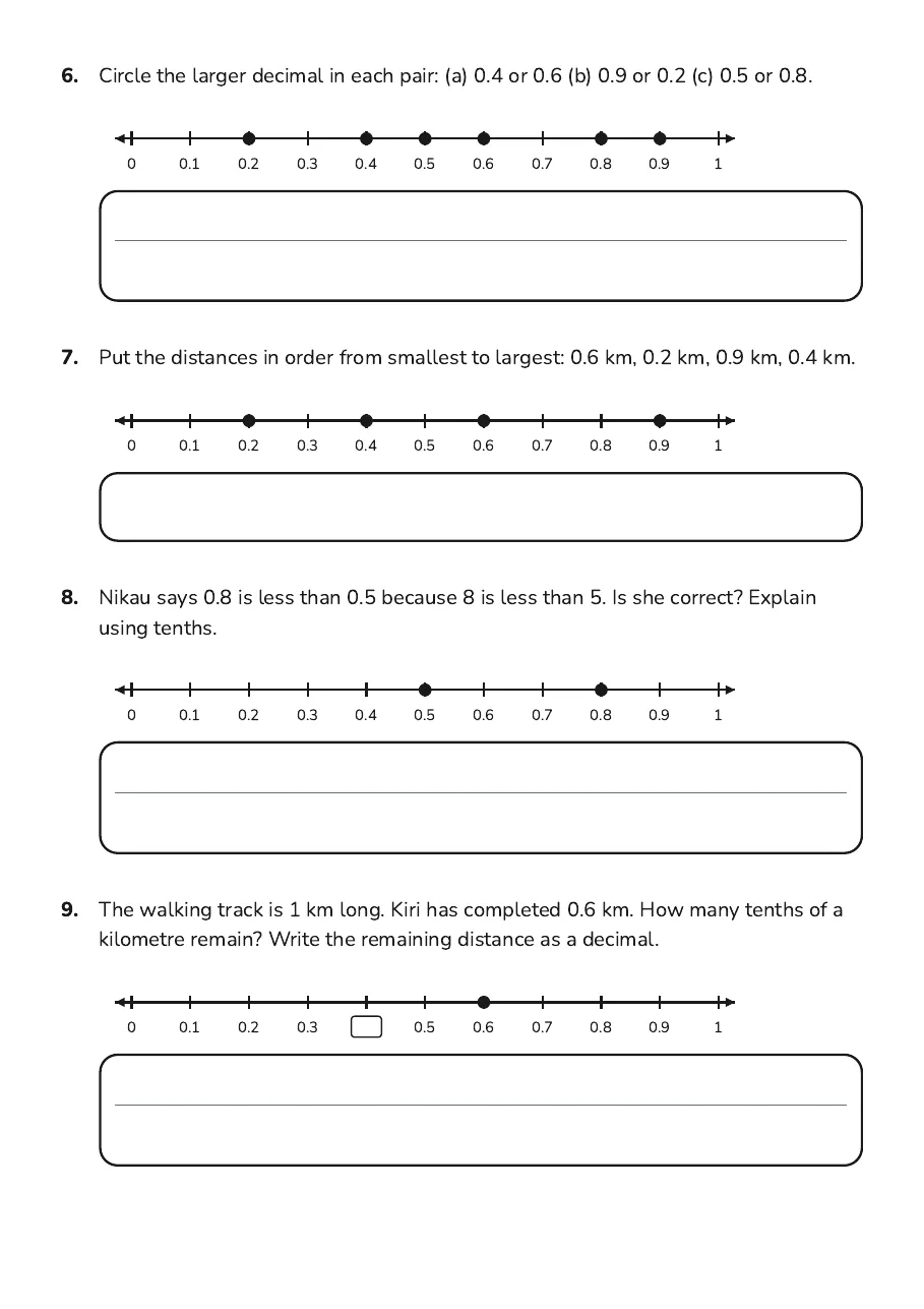 Tenths on a Number Line, page 3 of 4: 6. Circle the larger decimal in each pair: (a) 0.4 or 0.6 (b) 0.9 or 0.2 (c) 0.5 or 0.8.