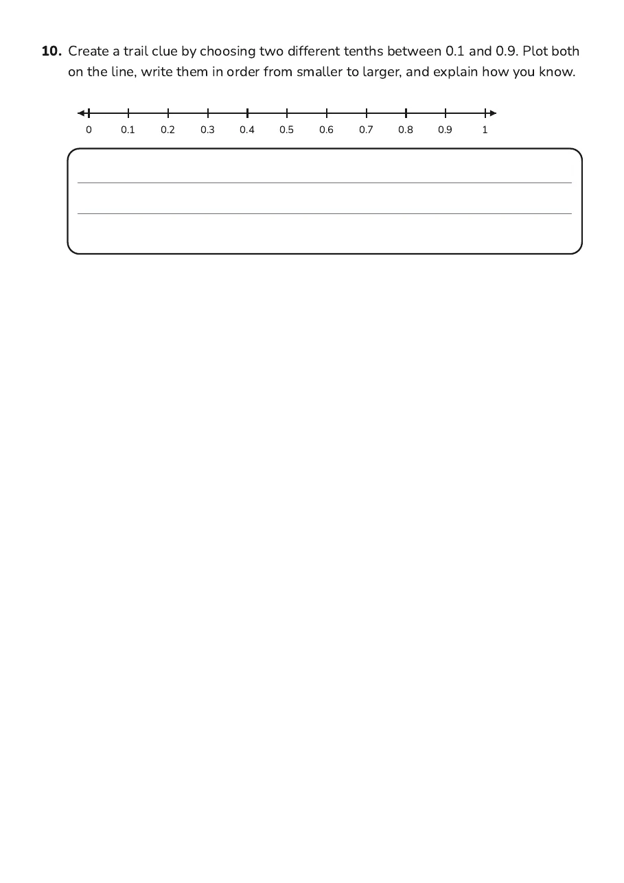 Tenths on a Number Line, page 4 of 4: 10. Create a trail clue by choosing two different tenths between 0.1 and 0.9. Plot both