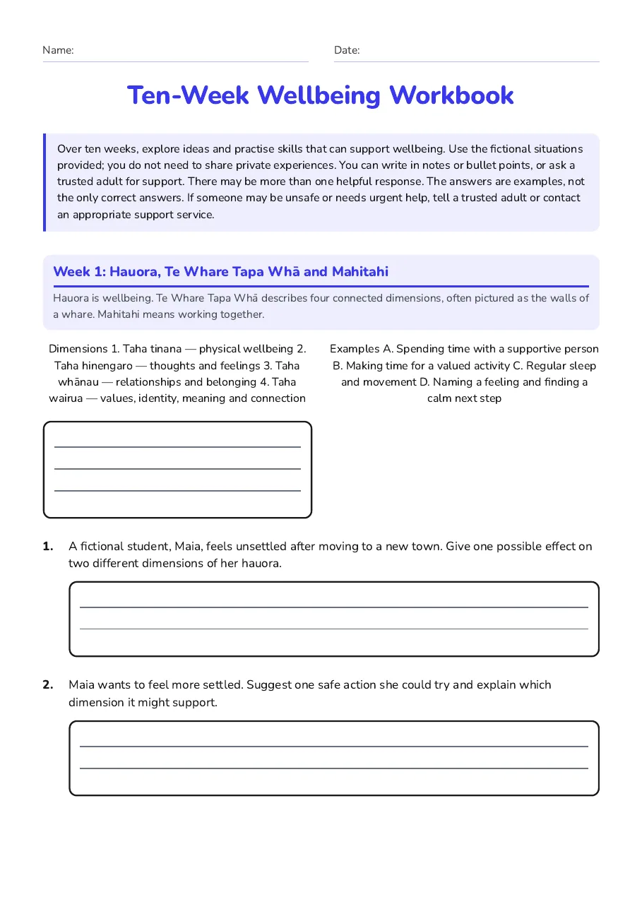 Ten-Week Wellbeing Workbook, page 1 of 6: Week 1: Hauora, Te Whare Tapa Whā and Mahitahi