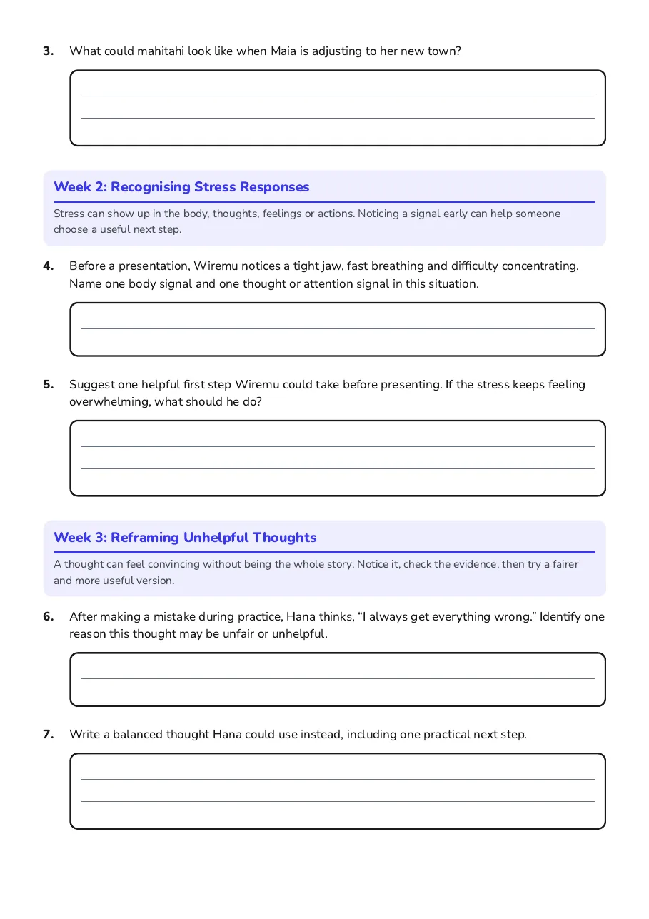Ten-Week Wellbeing Workbook, page 2 of 6: Week 2: Recognising Stress Responses, Week 3: Reframing Unhelpful Thoughts