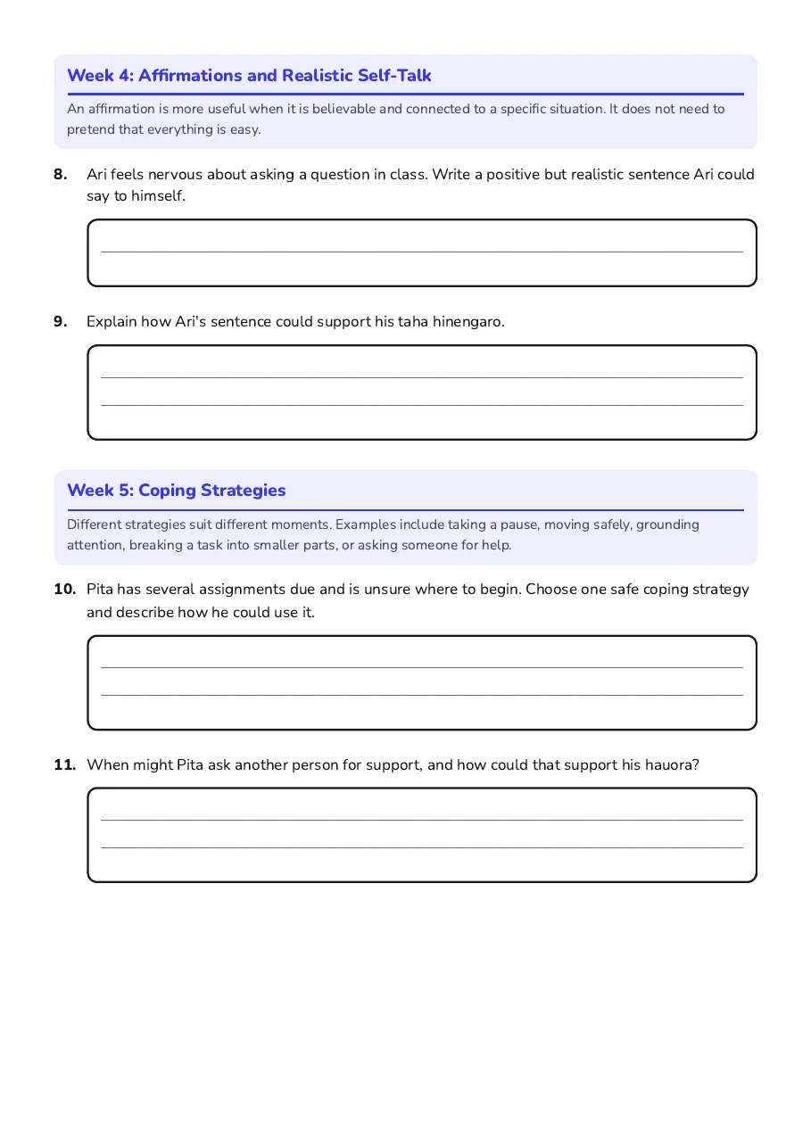 Ten-Week Wellbeing Workbook, page 3 of 6: Week 4: Affirmations and Realistic Self-Talk, Week 5: Coping Strategies