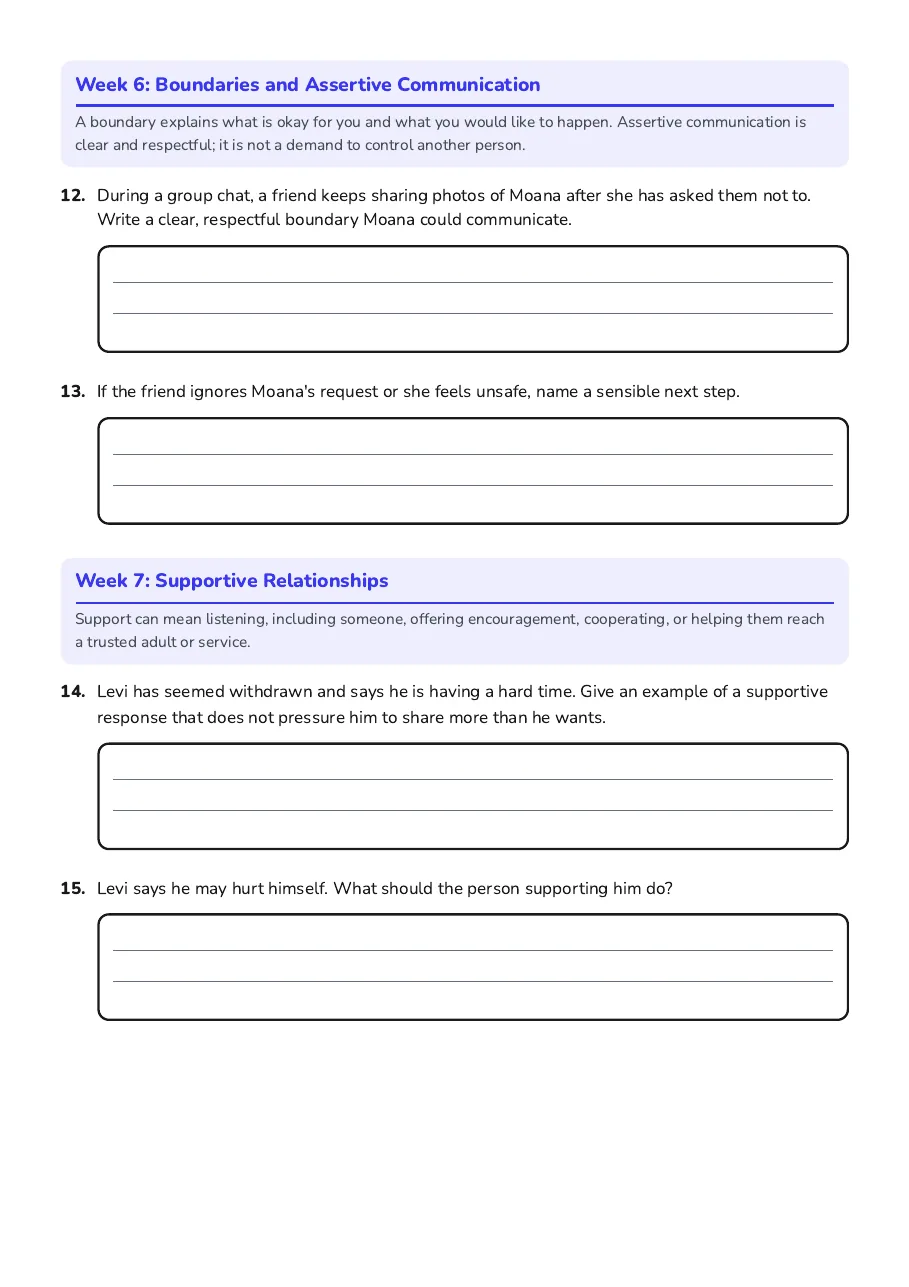 Ten-Week Wellbeing Workbook, page 4 of 6: Week 6: Boundaries and Assertive Communication, Week 7: Supportive Relationships