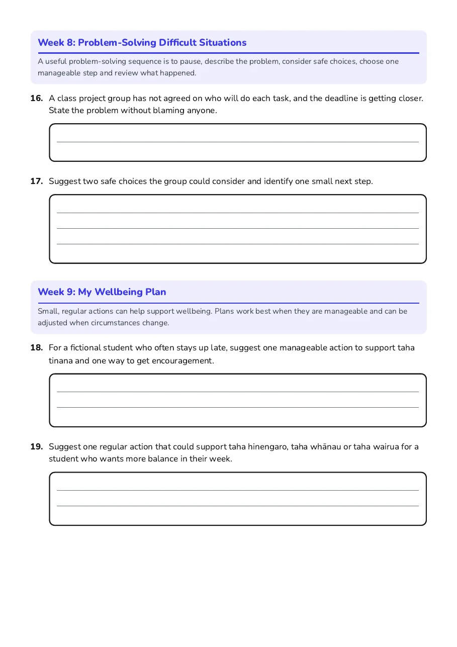 Ten-Week Wellbeing Workbook, page 5 of 6: Week 8: Problem-Solving Difficult Situations, Week 9: My Wellbeing Plan