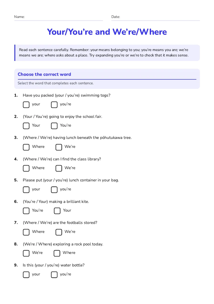 Your/You’re and We’re/Where, page 1 of 3: Choose the correct word