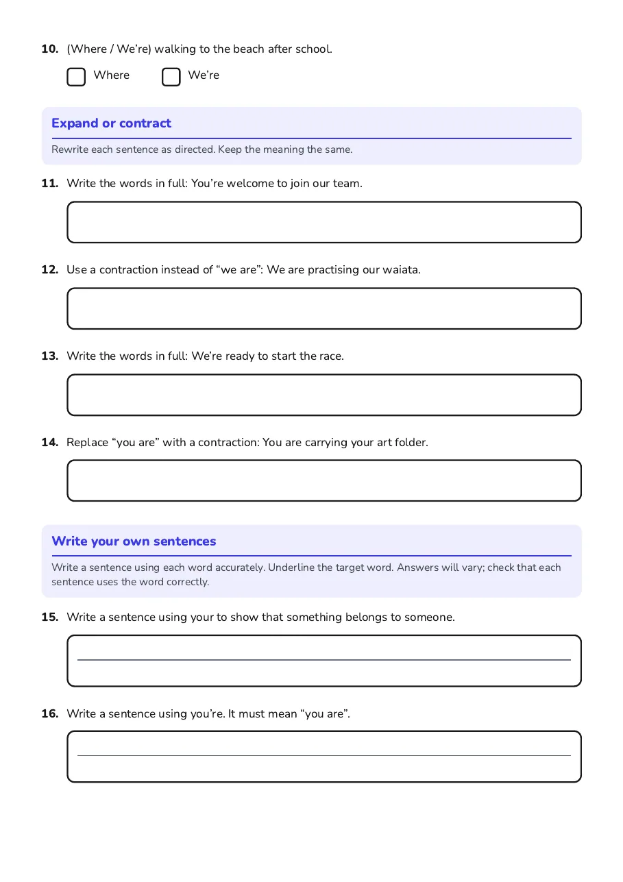 Your/You’re and We’re/Where, page 2 of 3: Expand or contract, Write your own sentences