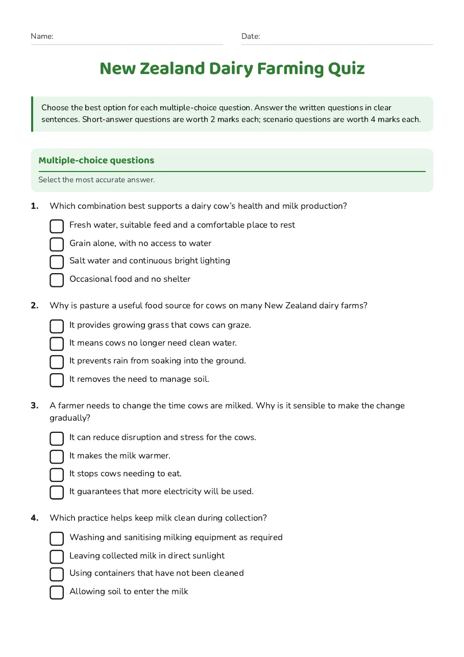 New Zealand Dairy Farming Quiz, page 1 of 4: Multiple-choice questions