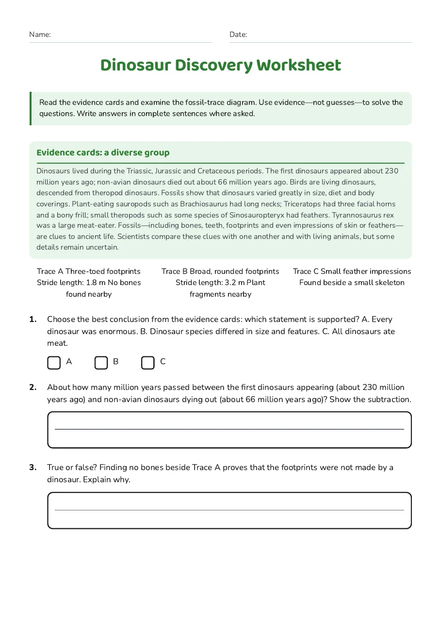 Dinosaur Discovery Worksheet, page 1 of 3: Evidence cards: a diverse group