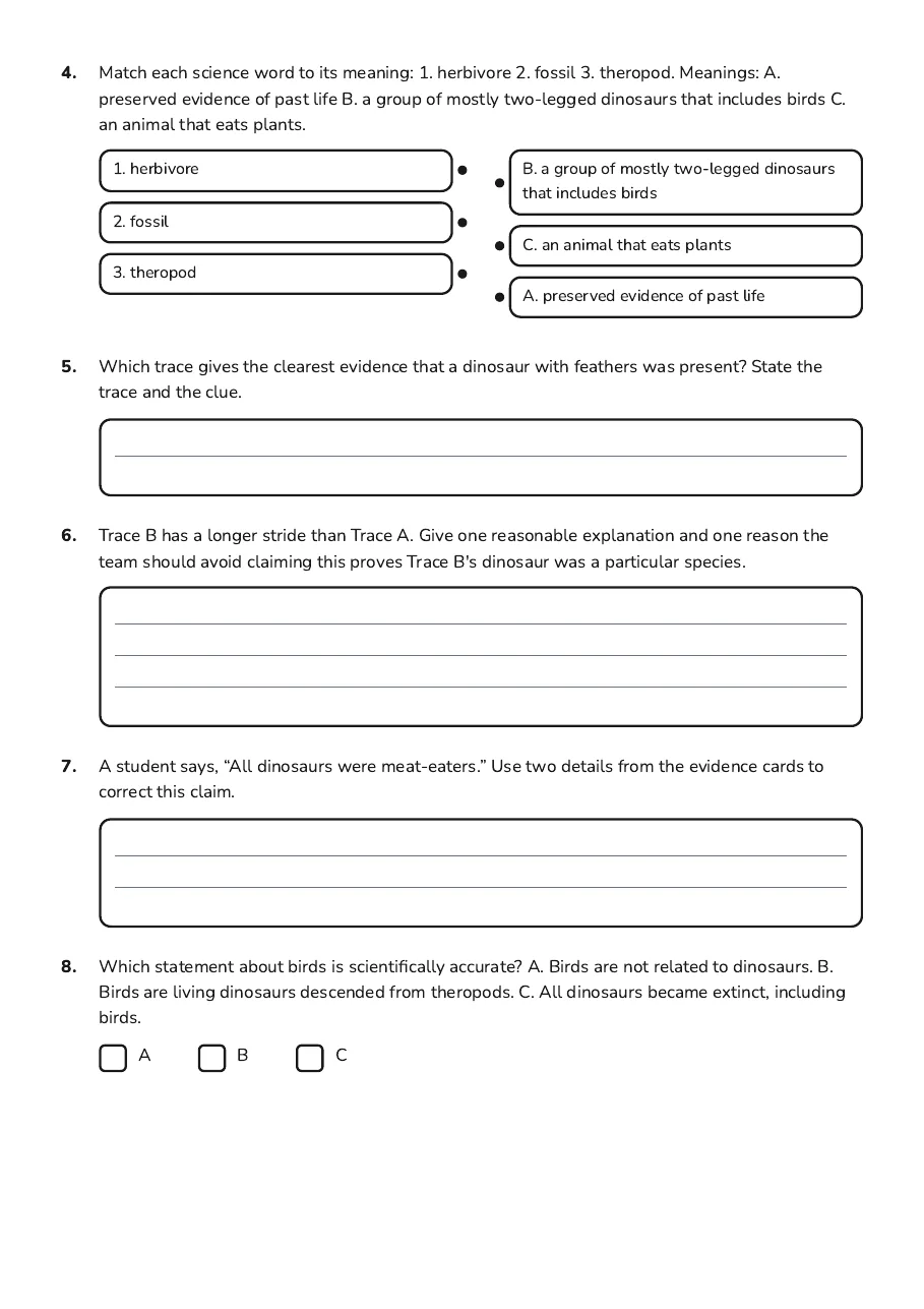 Dinosaur Discovery Worksheet, page 2 of 3: 4. Match each science word to its meaning: 1. herbivore 2. fossil 3. theropod. Meanings:…