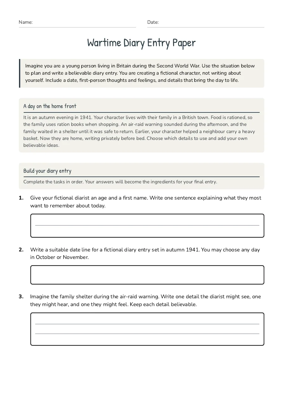 Wartime Diary Entry Paper, page 1 of 3: A day on the home front, Build your diary entry