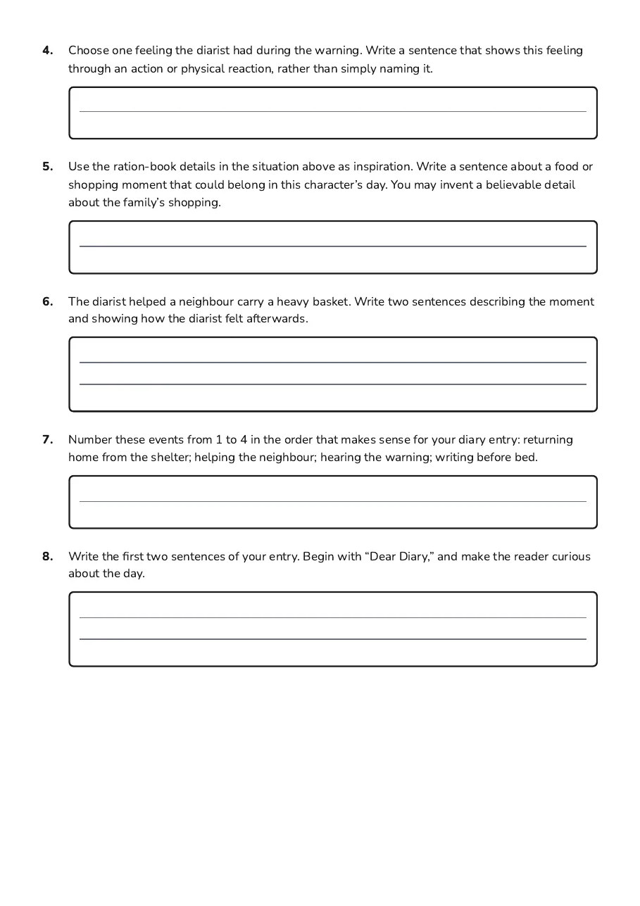 Wartime Diary Entry Paper, page 2 of 3: 4. Choose one feeling the diarist had during the warning. Write a sentence that shows…