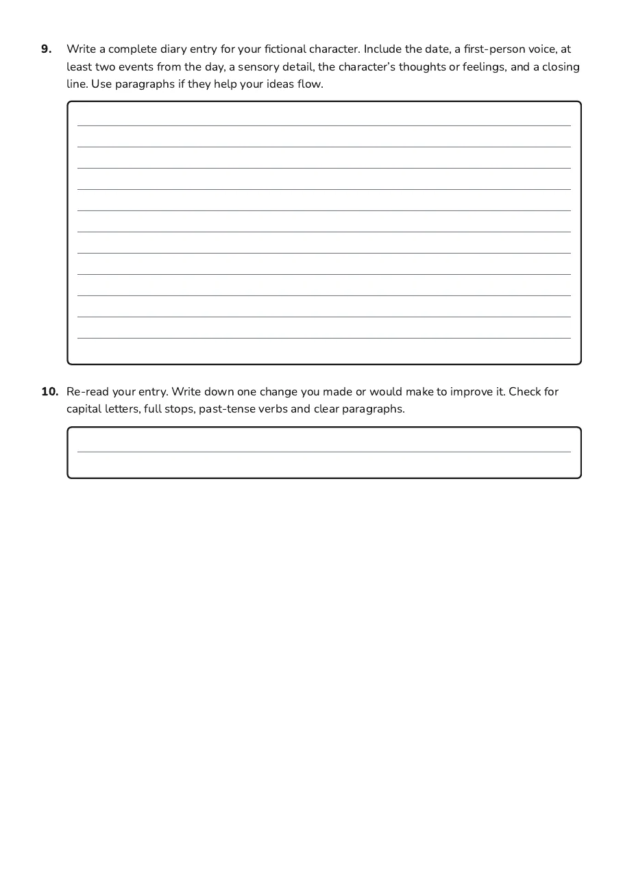 Wartime Diary Entry Paper, page 3 of 3: 9. Write a complete diary entry for your fictional character. Include the date, a…
