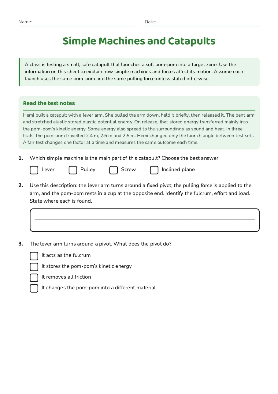 Simple Machines and Catapults, page 1 of 3: Read the test notes