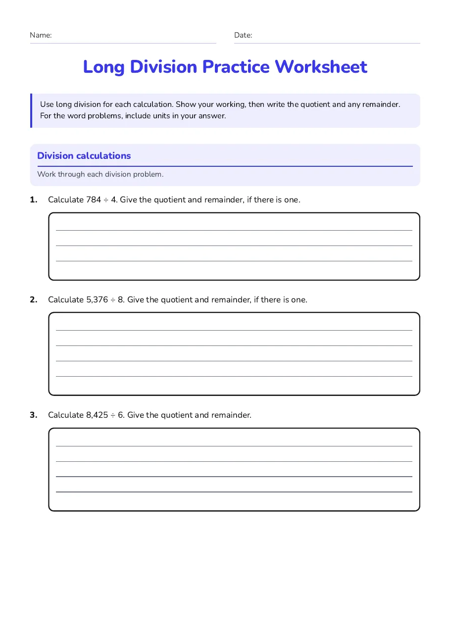 Long Division Practice Worksheet, page 1 of 3: Division calculations