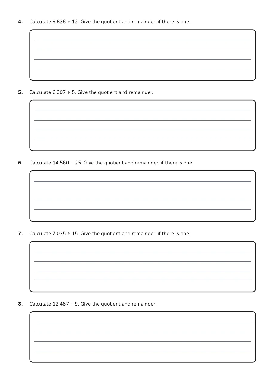 Long Division Practice Worksheet, page 2 of 3: 4. Calculate 9,828 ÷ 12. Give the quotient and remainder, if there is one.
