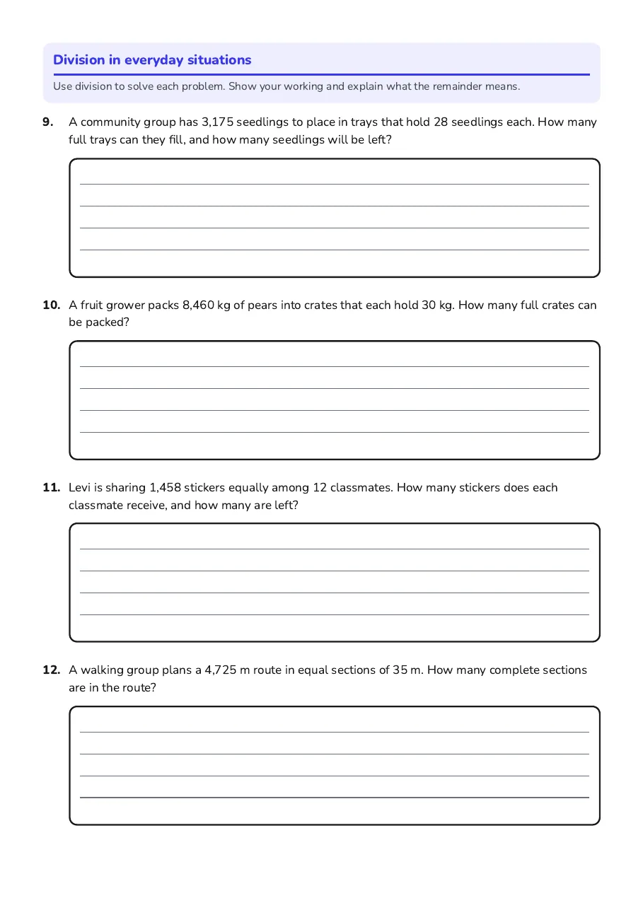 Long Division Practice Worksheet, page 3 of 3: Division in everyday situations