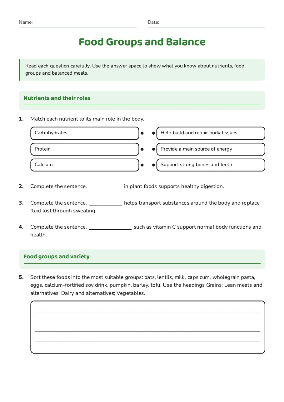 Food Groups and Balance, page 1 of 2: Nutrients and their roles, Food groups and variety