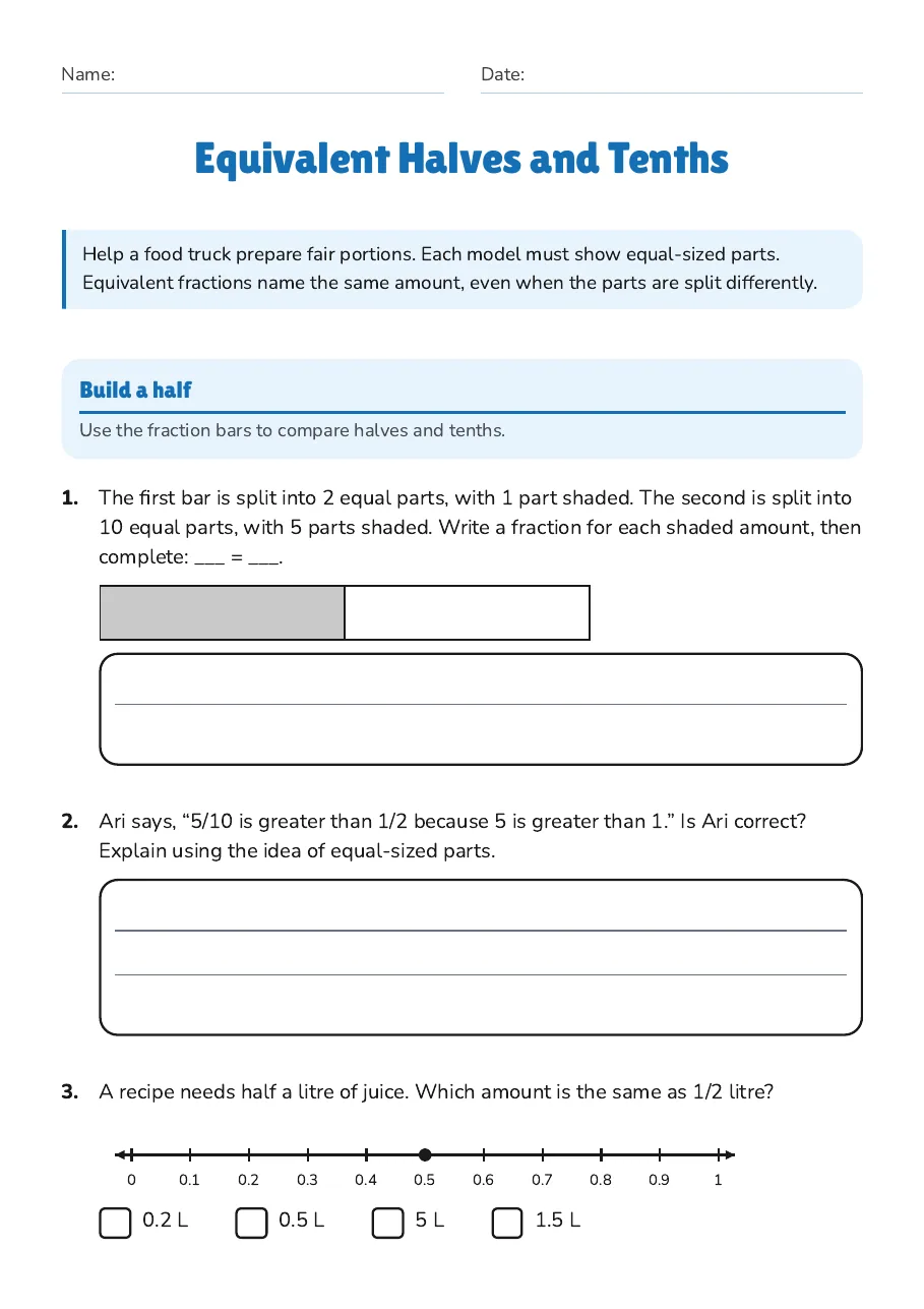 Equivalent Halves and Tenths, page 1 of 3: Build a half