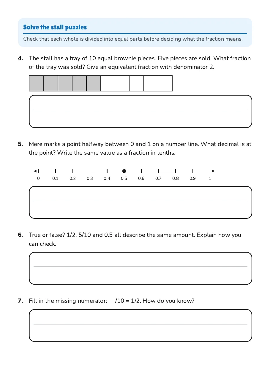 Equivalent Halves and Tenths, page 2 of 3: Solve the stall puzzles