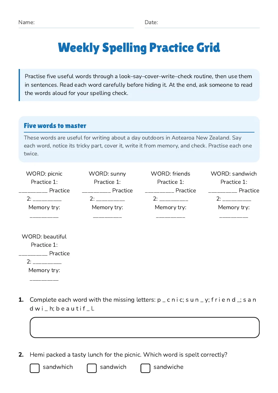 Weekly Spelling Practice Grid, page 1 of 3: Five words to master