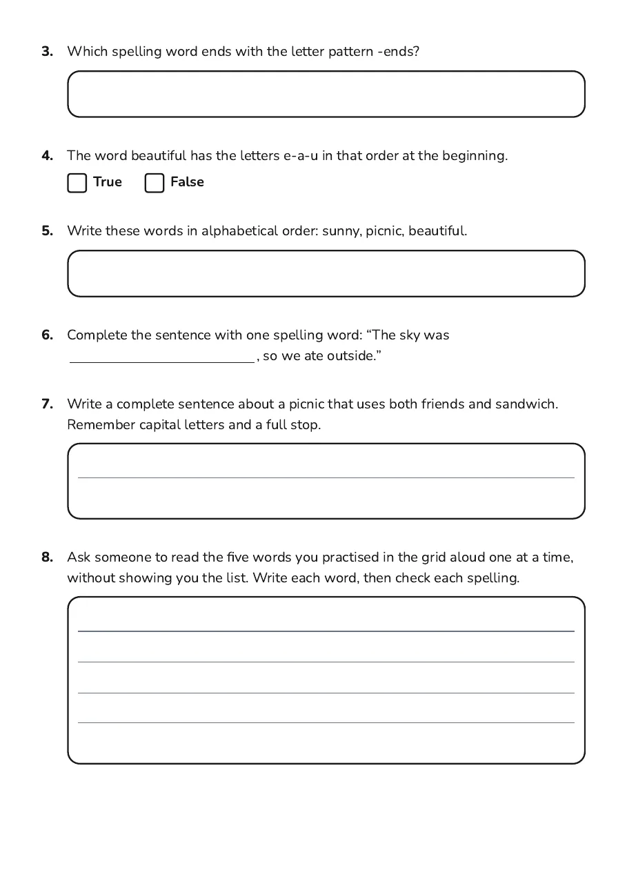 Weekly Spelling Practice Grid, page 2 of 3: 3. Which spelling word ends with the letter pattern -ends?