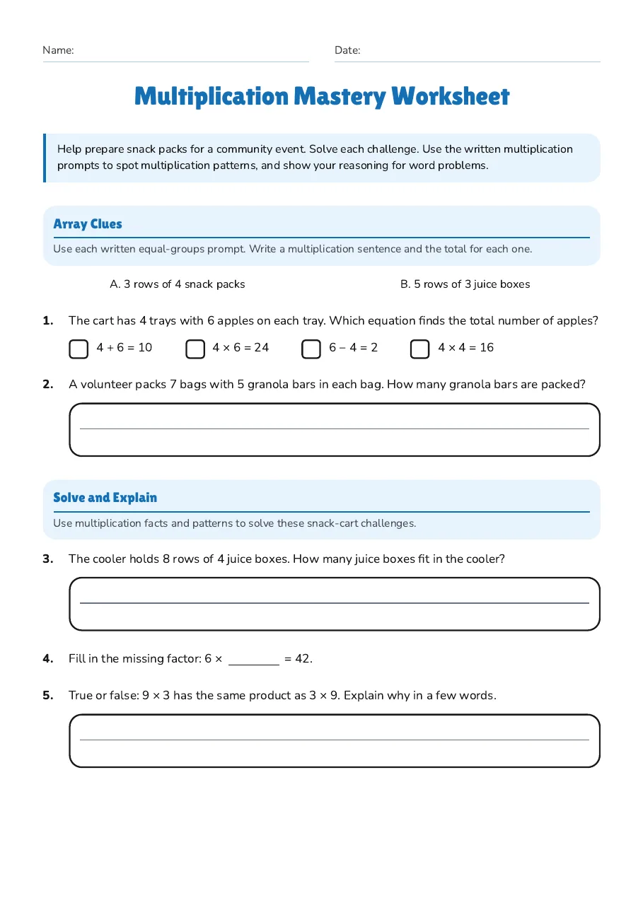 Multiplication Mastery Worksheet, page 1 of 2: Array Clues, Solve and Explain