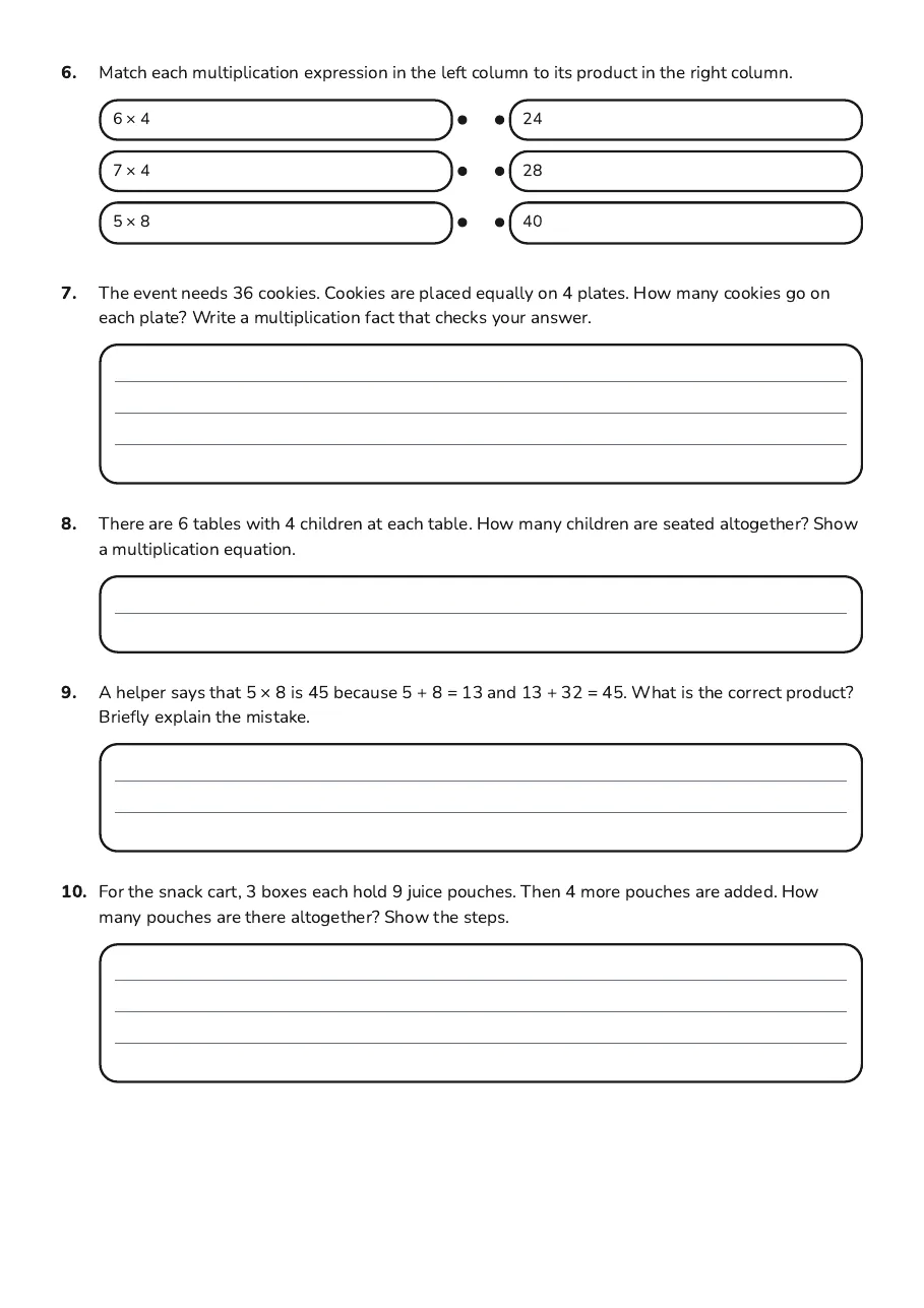 Multiplication Mastery Worksheet, page 2 of 2: 6. Match each multiplication expression in the left column to its product in the right…