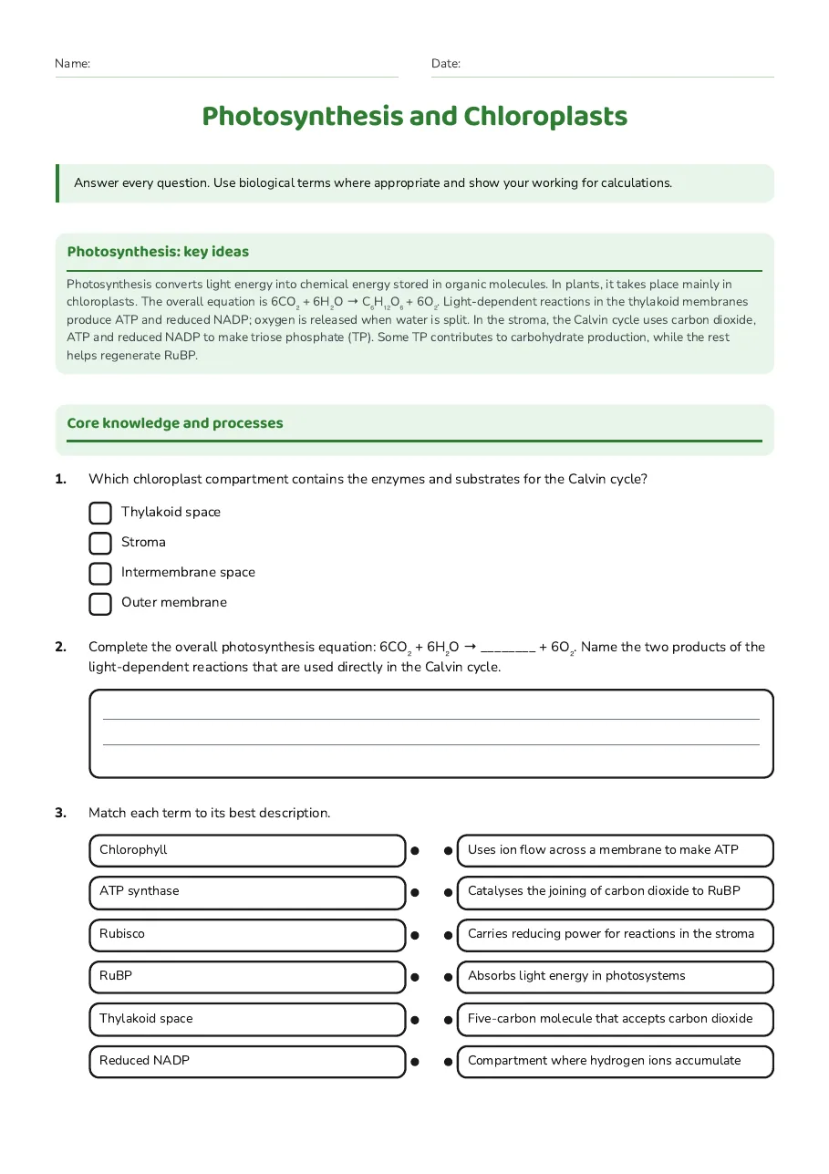 Photosynthesis and Chloroplasts, page 1 of 4: Photosynthesis: key ideas, Core knowledge and processes