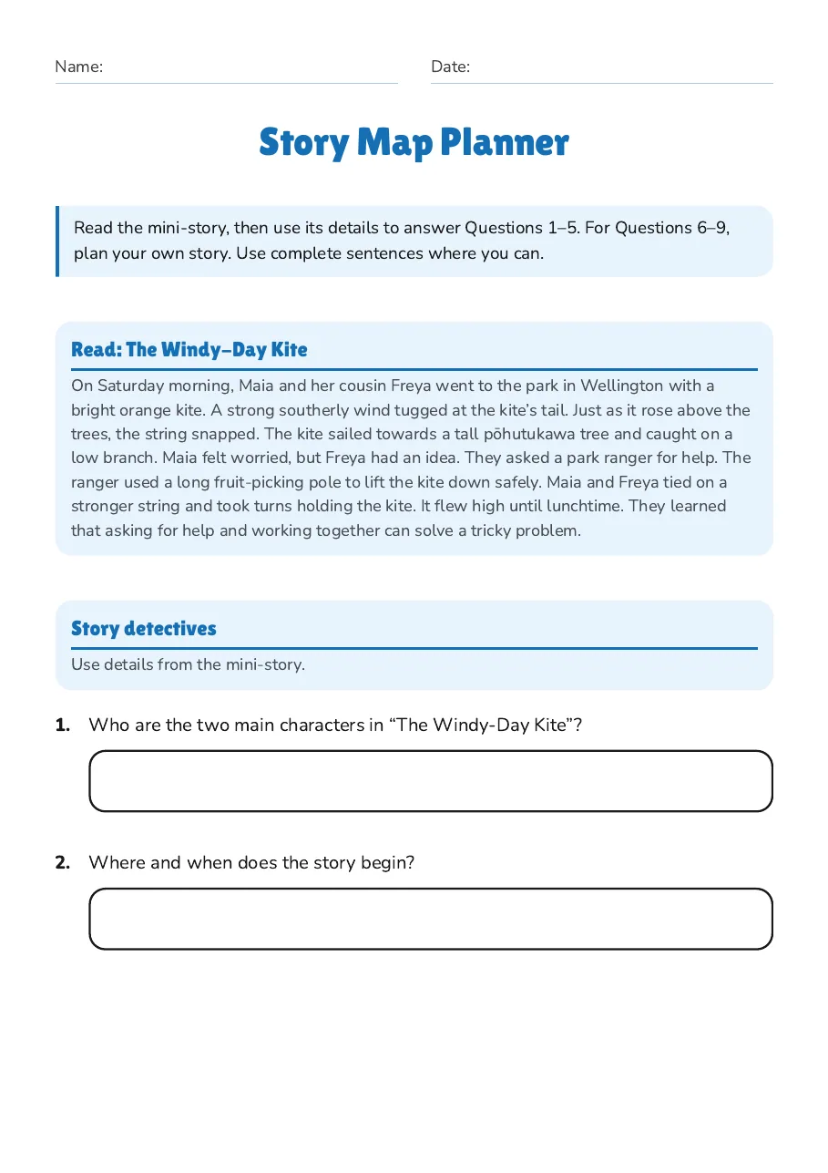 Story Map Planner, page 1 of 3: Read: The Windy-Day Kite, Story detectives