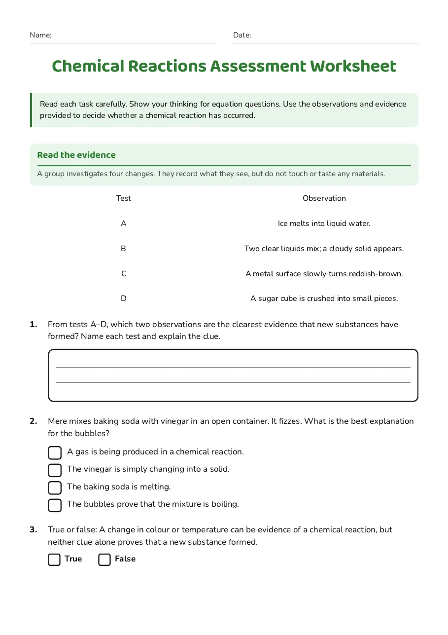 Chemical Reactions Assessment Worksheet, page 1 of 3: Read the evidence