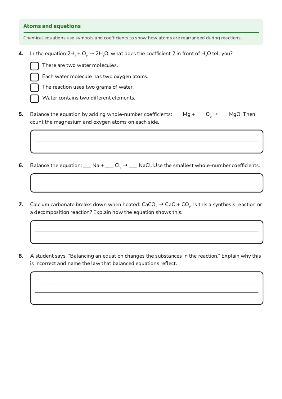 Chemical Reactions Assessment Worksheet, page 2 of 3: Atoms and equations