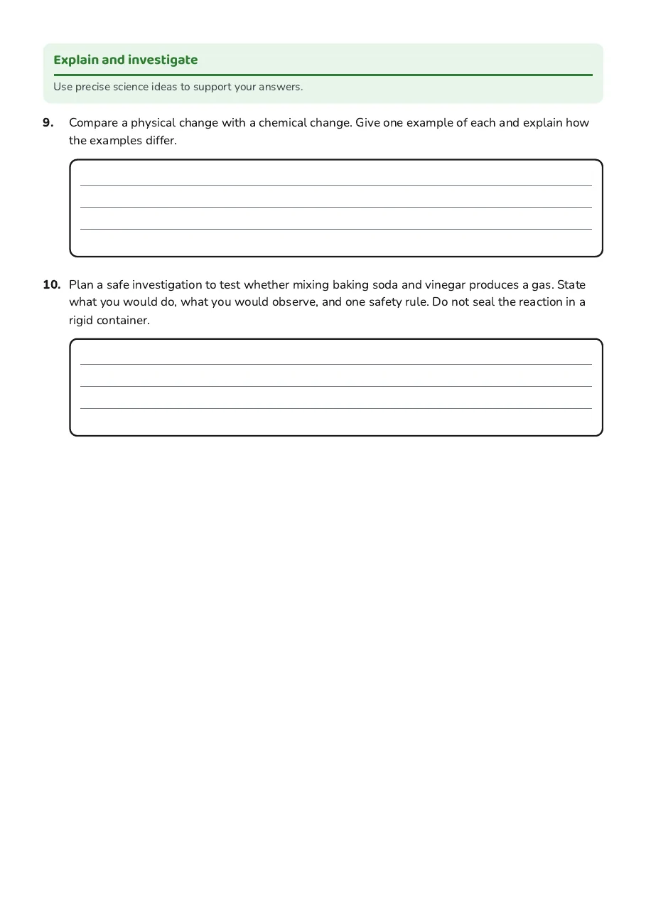Chemical Reactions Assessment Worksheet, page 3 of 3: Explain and investigate